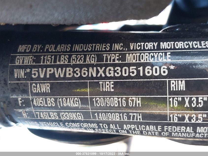 2016 VICTORY MOTORCYCLES HIGH-BALL 5VPWB36NXG3051606