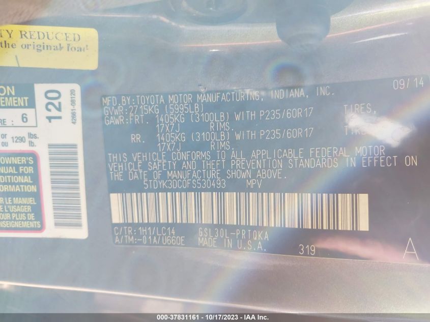 2015 TOYOTA SIENNA XLE/LIMITED - 5TDYK3DC0FS530493