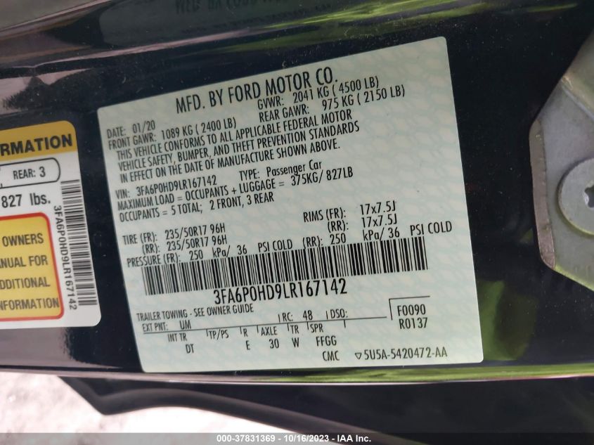 2020 FORD FUSION SE - 3FA6P0HD9LR167142