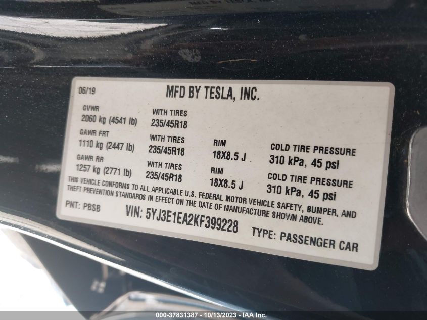 2019 TESLA MODEL 3 RANGE - 5YJ3E1EA2KF399228