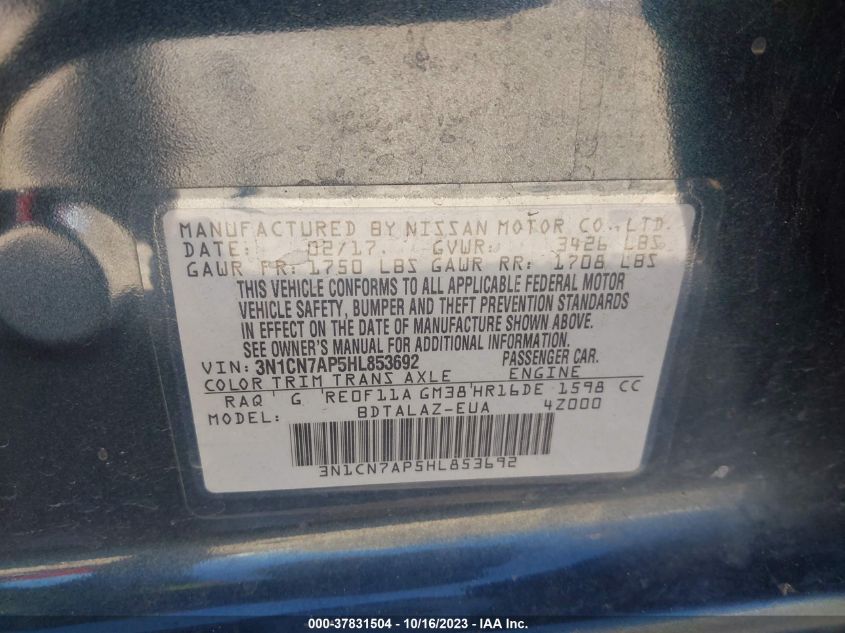2017 NISSAN VERSA SEDAN S PLUS 3N1CN7AP5HL853692