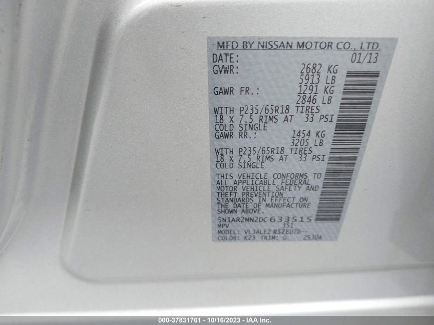 2013 NISSAN PATHFINDER SV - 5N1AR2MN2DC633515