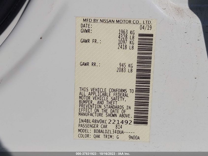 2019 NISSAN ALTIMA 2.5 S - 1N4BL4BV0KC221492