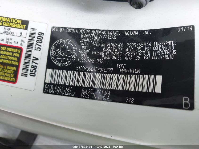 2014 TOYOTA SIENNA LTD/XLE - 5TDDK3DC4ES079727