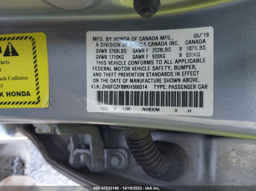 2019 HONDA CIVIC SPORT - 2HGFC2F88KH566014