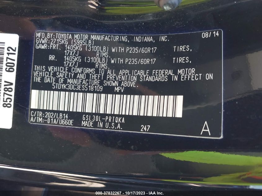2014 TOYOTA SIENNA XLE/XLE AAS/LTD - 5TDYK3DC3ES518109