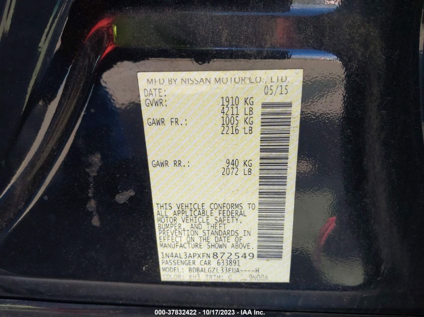 2015 NISSAN ALTIMA 2.5 S - 1N4AL3APXFN872549