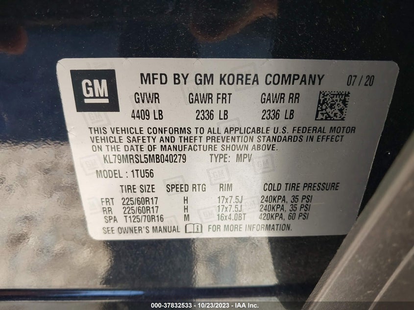 VIN KL79MRSL5MB040279 2021 CHEVROLET TRAILBLAZER LT
