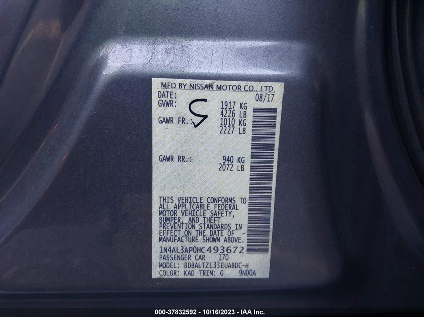VIN 1N4AL3AP0HC493672 2017 NISSAN ALTIMA 2.5/S/SV/SL/SR