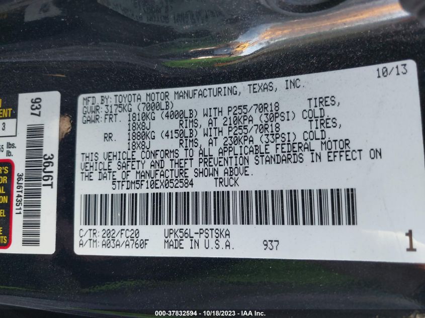 2014 TOYOTA TUNDRA 4WD TRUCK SR5 5TFDM5F10EX052584