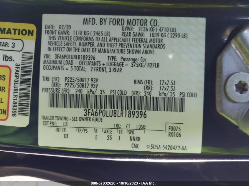 2020 FORD FUSION HYBRID SE - 3FA6P0LU8LR189396