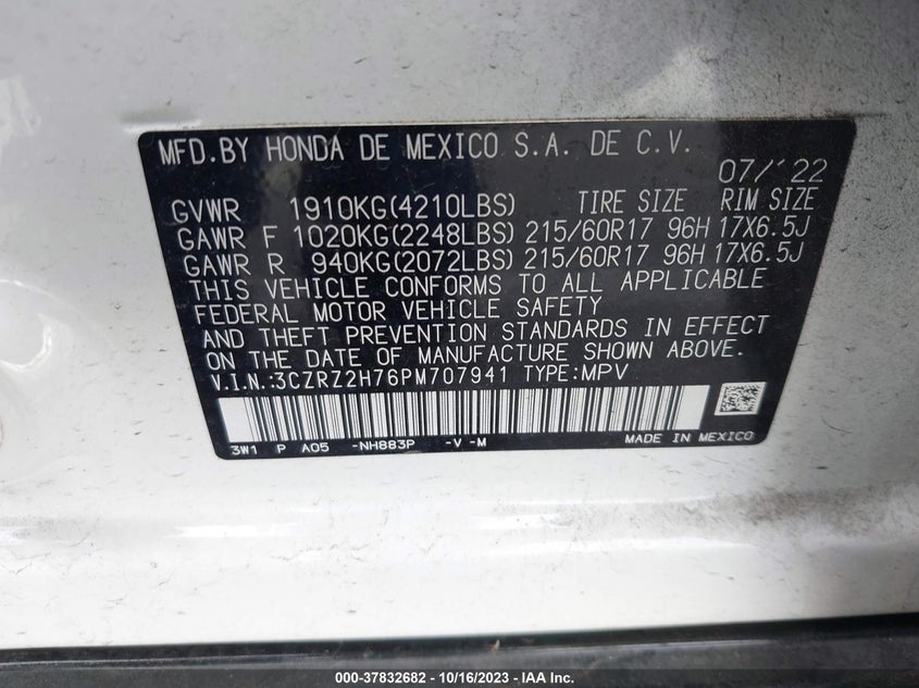 VIN 3CZRZ2H76PM707941 2023 HONDA HR-V EX-L