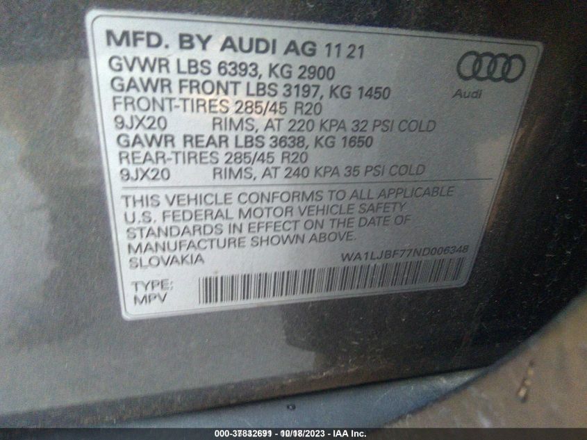 2022 AUDI Q7 PREMIUM PLUS - WA1LJBF77ND006348