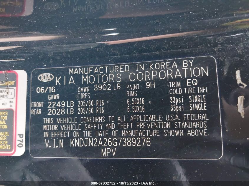 2016 KIA SOUL BASE - KNDJN2A26G7389276