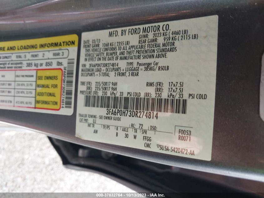 2013 FORD FUSION SE - 3FA6P0H73DR274814