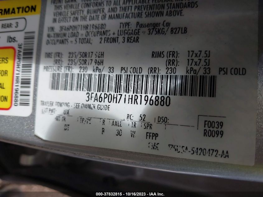 2017 FORD FUSION SE - 3FA6P0H71HR196880
