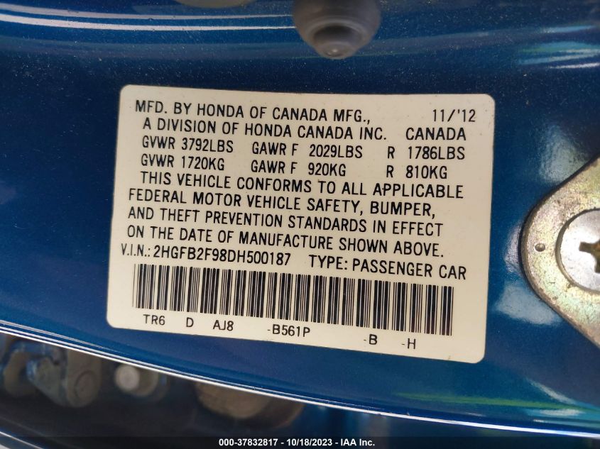 2013 HONDA CIVIC EX-L - 2HGFB2F98DH500187