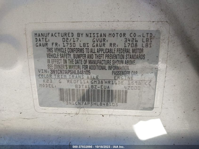 2017 NISSAN VERSA SEDAN SV - 3N1CN7AP5HL848105