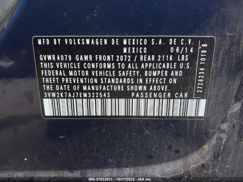 2014 VOLKSWAGEN JETTA SEDAN S - 3VW2K7AJ7EM322543