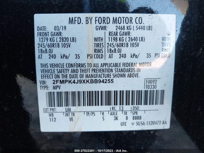 2FMPK4J9XKBB94255 2019 FORD EDGE, photo no. 9