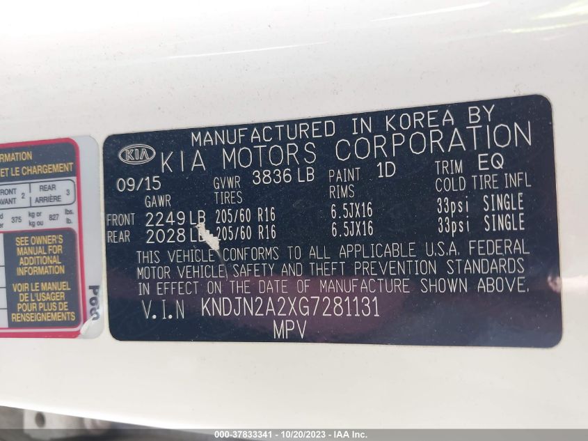 2016 KIA SOUL BASE - KNDJN2A2XG7281131