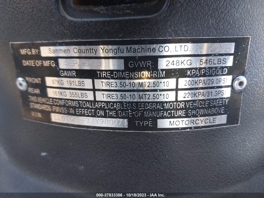 VIN LL0TCKPF7JY980071 2018 OTHER OTHER