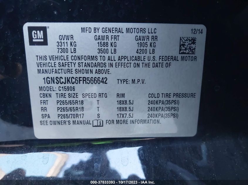 2015 CHEVROLET SUBURBAN 1500 LT 1GNSCJKC6FR566642