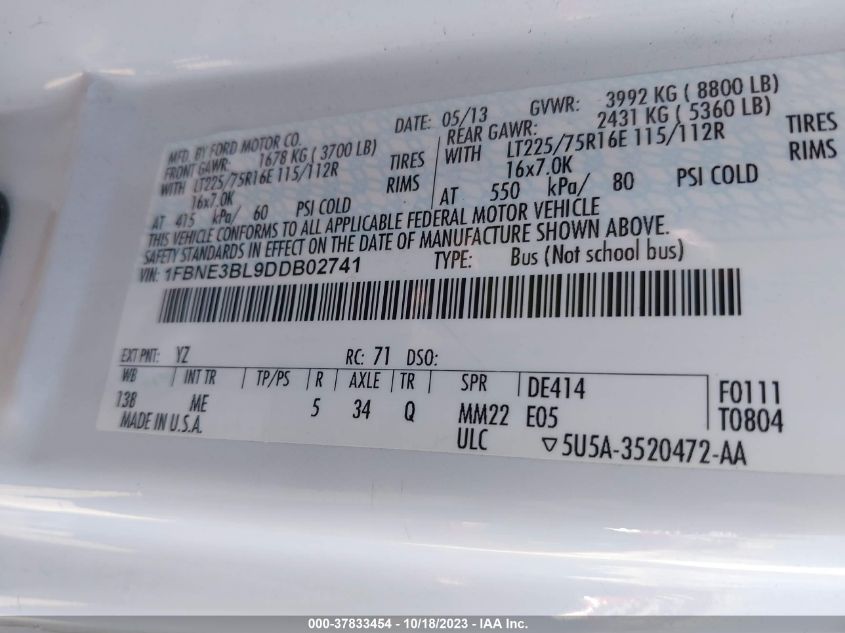 2013 FORD ECONOLINE WAGON XL/XLT 1FBNE3BL9DDB02741