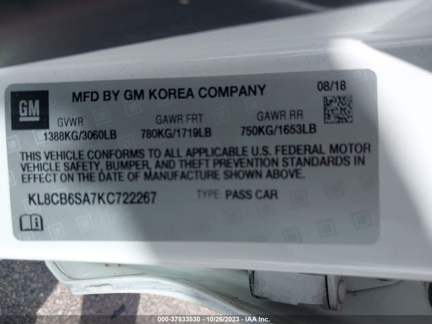 VIN KL8CB6SA7KC722267 2019 CHEVROLET SPARK LS