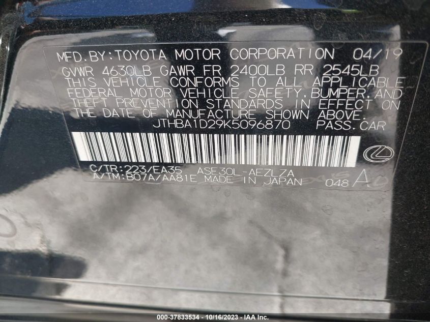 VIN JTHBA1D29K5096870 2019 LEXUS IS IS 300