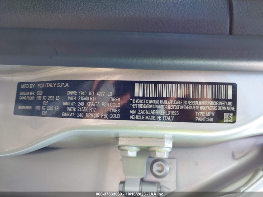 VIN ZACNJABBXLPL91693 2020 JEEP RENEGADE LATITUDE