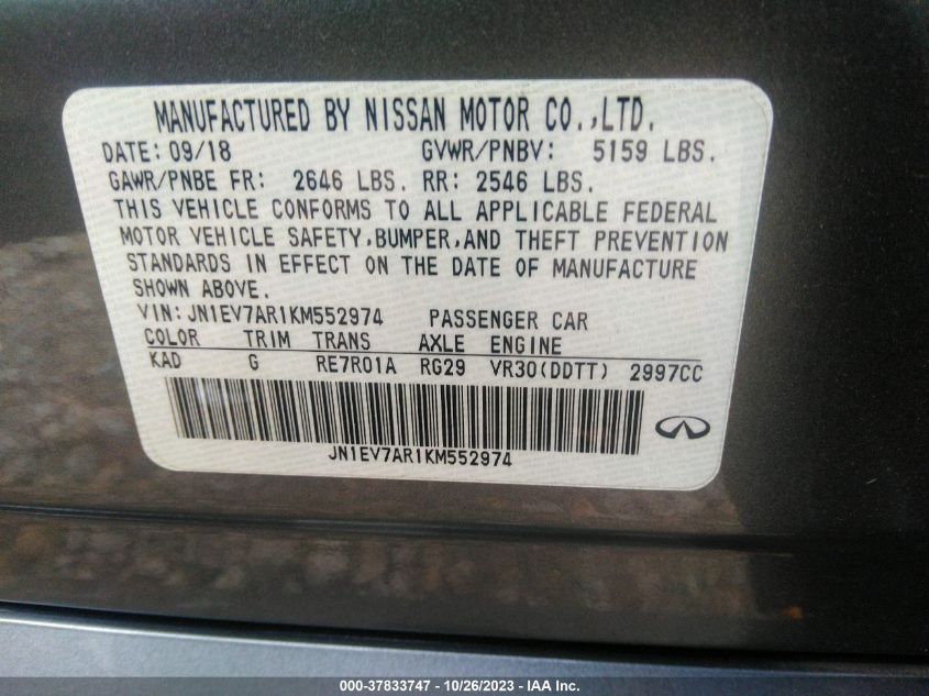 2019 INFINITI Q50 3.0T LUXE - JN1EV7AR1KM552974