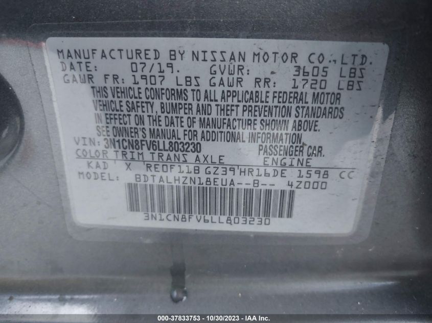 2020 NISSAN VERSA SR - 3N1CN8FV6LL803230