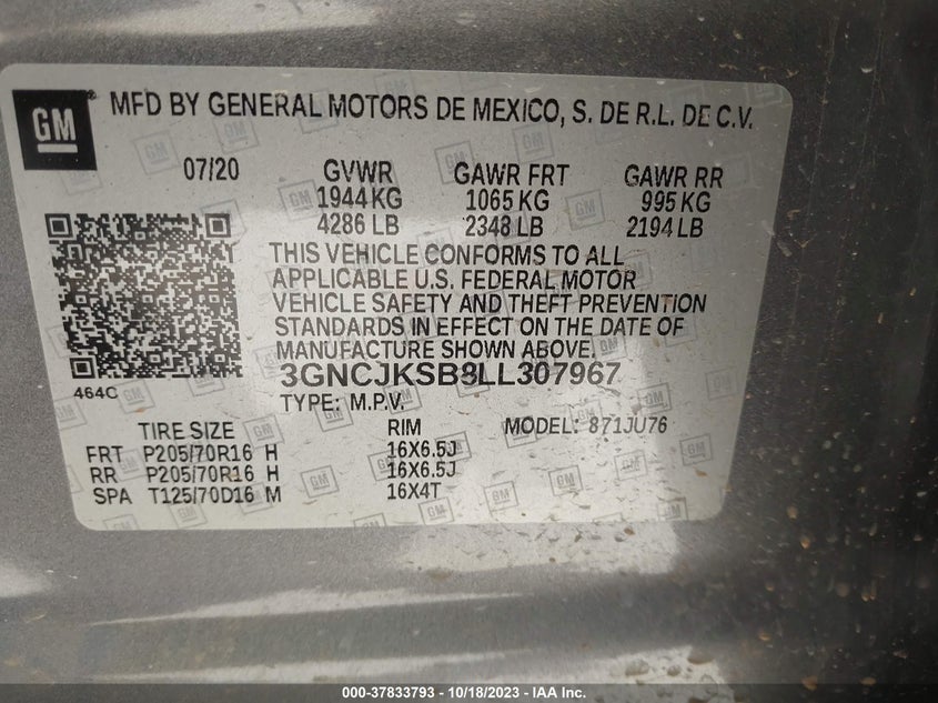 VIN 3GNCJKSB8LL307967 2020 CHEVROLET TRAX LS