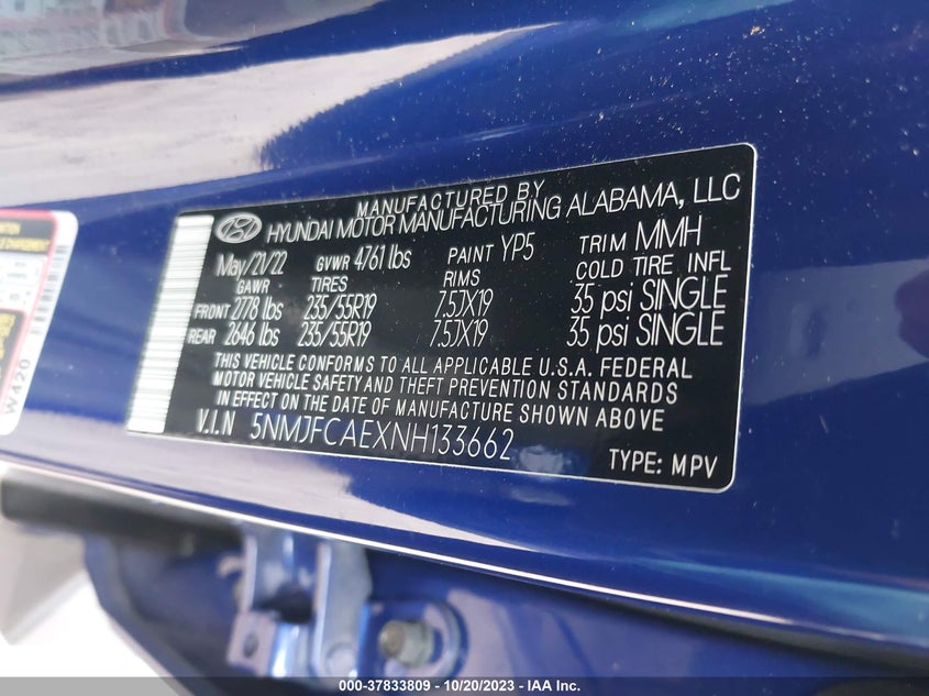 VIN 5NMJFCAEXNH133662 2022 HYUNDAI TUCSON SEL