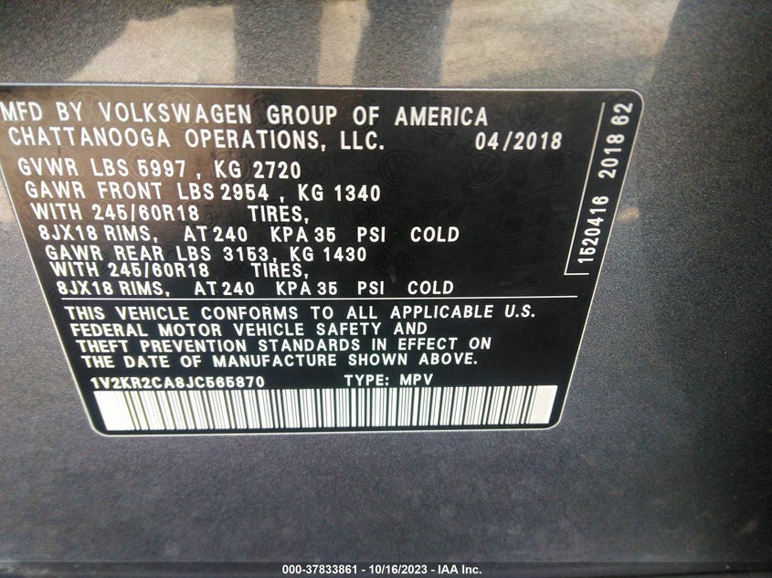 VIN 1V2KR2CA8JC565870 2018 VOLKSWAGEN ATLAS 3.6L V6 SE