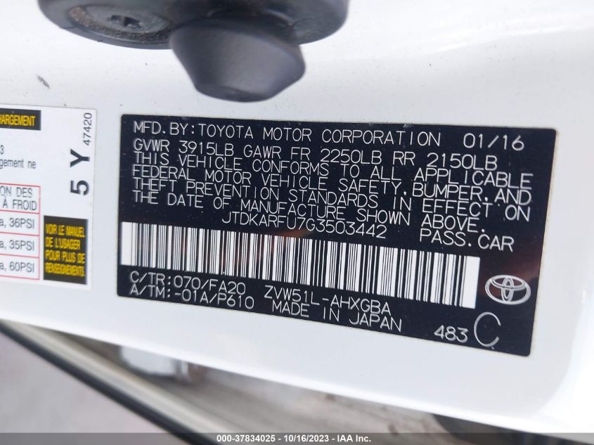 2016 TOYOTA PRIUS FOUR - JTDKARFU7G3503442