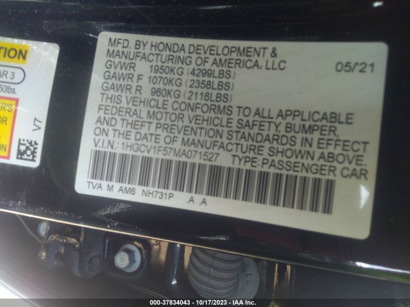 VIN 1HGCV1F57MA071527 2021 HONDA ACCORD SEDAN EX-L