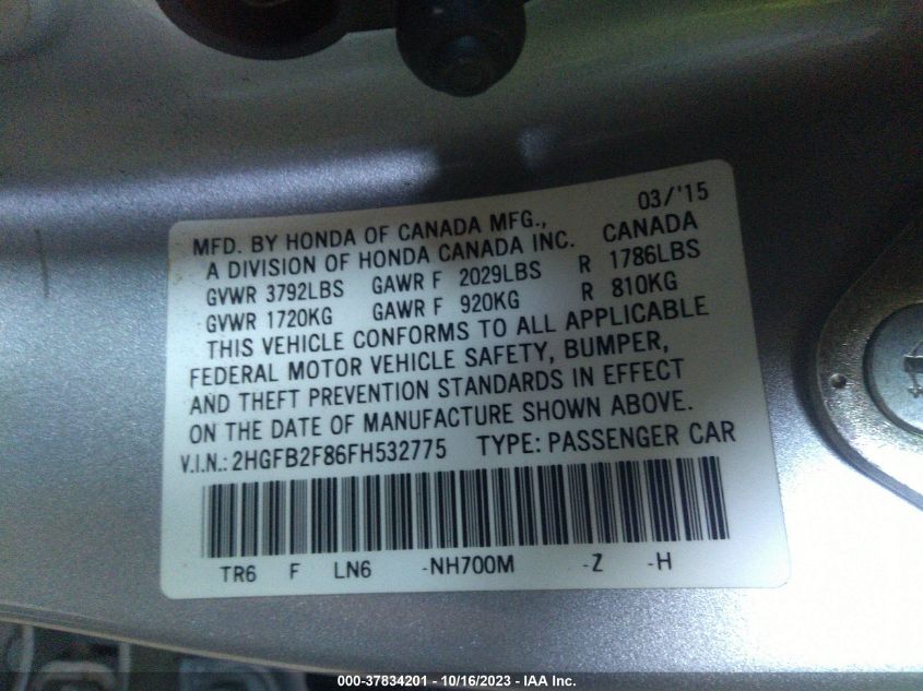 2015 HONDA CIVIC SEDAN EX - 2HGFB2F86FH532775