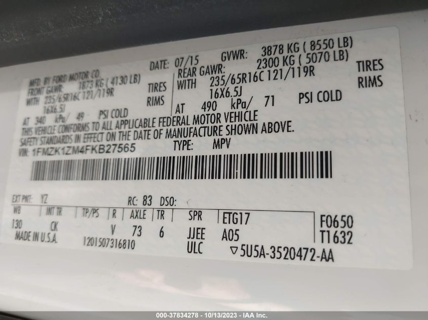 2015 FORD TRANSIT WAGON XL/XLT - 1FMZK1ZM4FKB27565