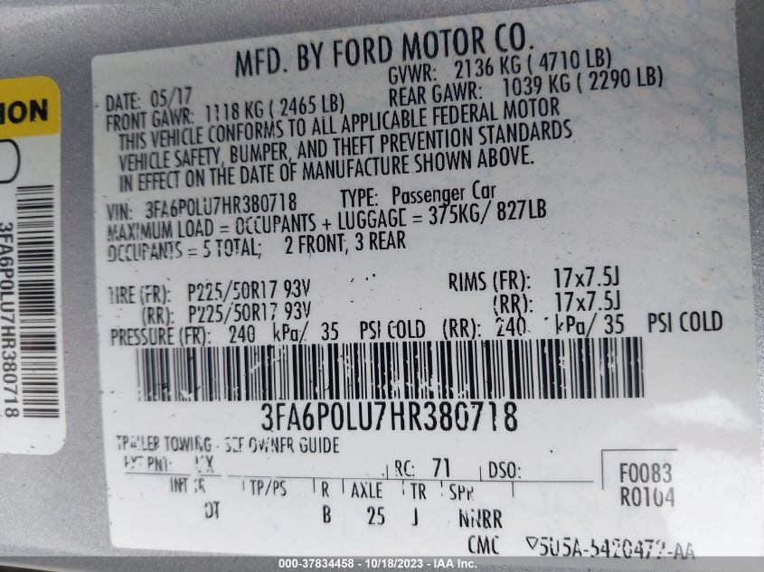 2017 FORD FUSION HYBRID SE - 3FA6P0LU7HR380718