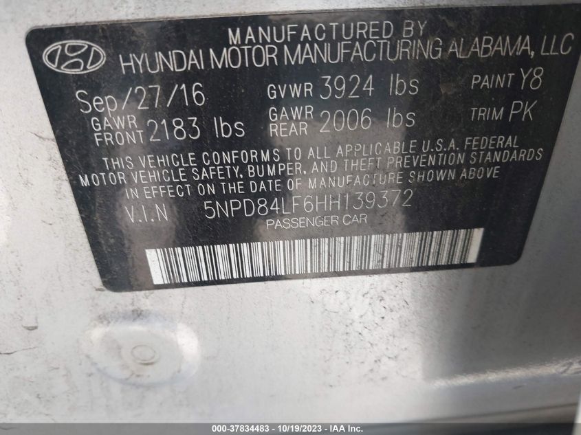 VIN 5NPD84LF6HH139372 2017 HYUNDAI ELANTRA SE