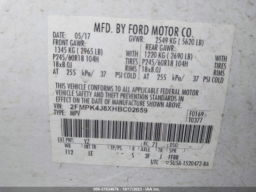 VIN 2FMPK4J8XHBC02659 2017 FORD EDGE SEL