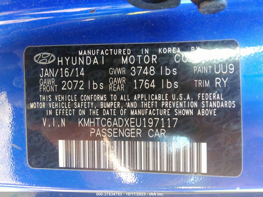2014 HYUNDAI VELOSTER - KMHTC6ADXEU197117