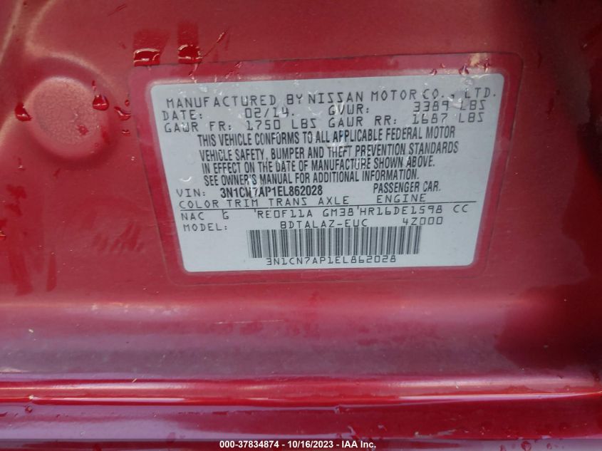 2014 NISSAN VERSA S PLUS - 3N1CN7AP1EL862028