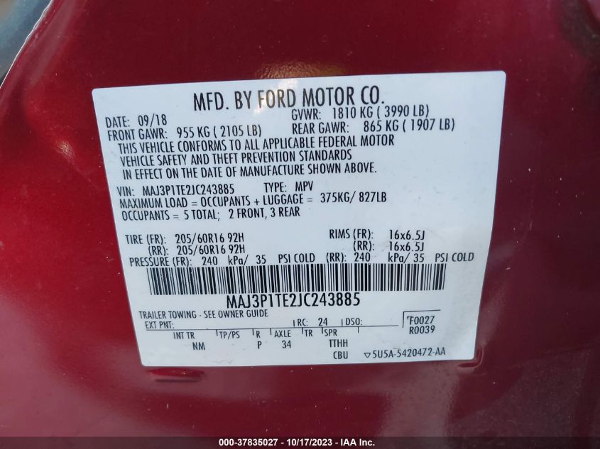 2018 FORD ECOSPORT SE - MAJ3P1TE2JC243885