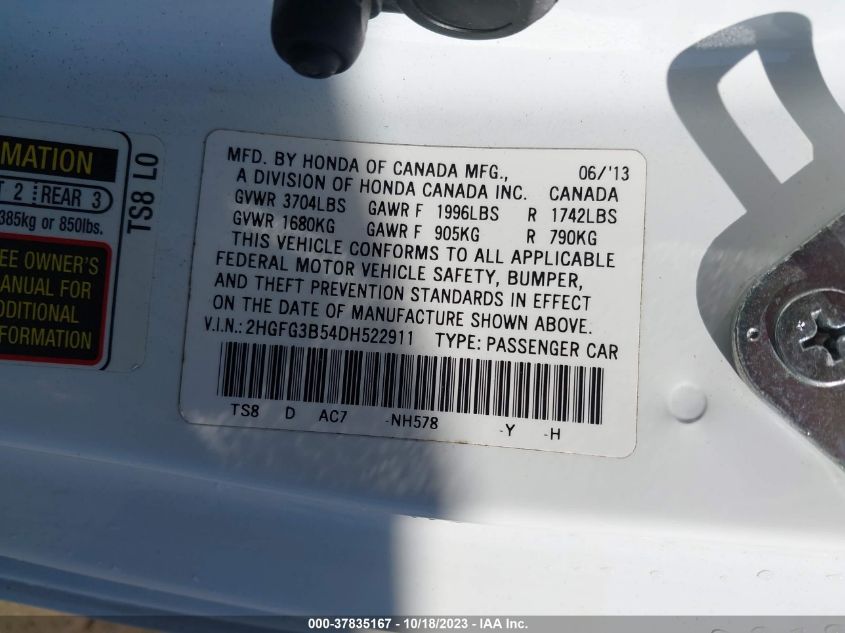 2013 HONDA CIVIC CPE LX 2HGFG3B54DH522911