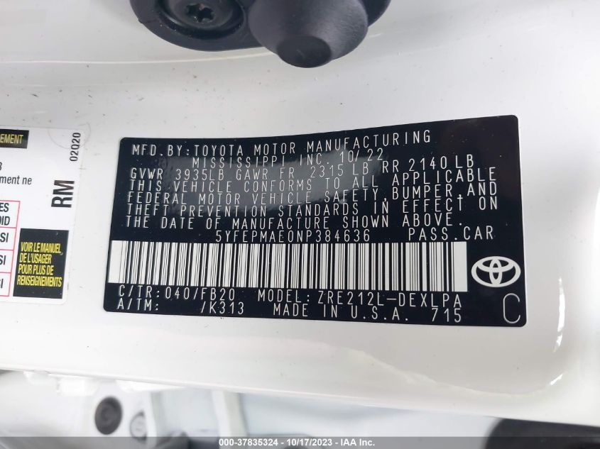 2022 TOYOTA COROLLA LE - 5YFEPMAE0NP384636