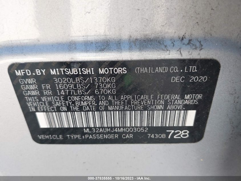 2021 MITSUBISHI MIRAGE ES/LE/CARBONITE EDITION - ML32AUHJ4MH003052