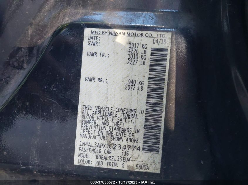 2018 NISSAN ALTIMA 2.5/S/SV/SL/SR - 1N4AL3APXJC234774